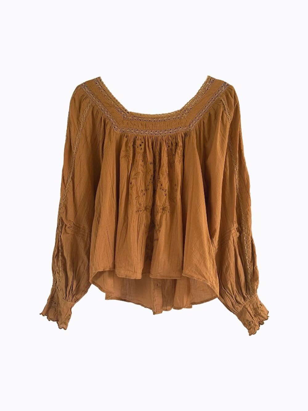 Free People Faraway Fields Top S/M Mustard Eyelet Embroidered Boho Indie Sleaze